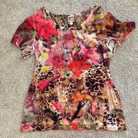 Y2k Floral & Cheetah Print Flowy Pink and Brown Rhinestones Top w Sheer Sleeves - Picture 6 of 10